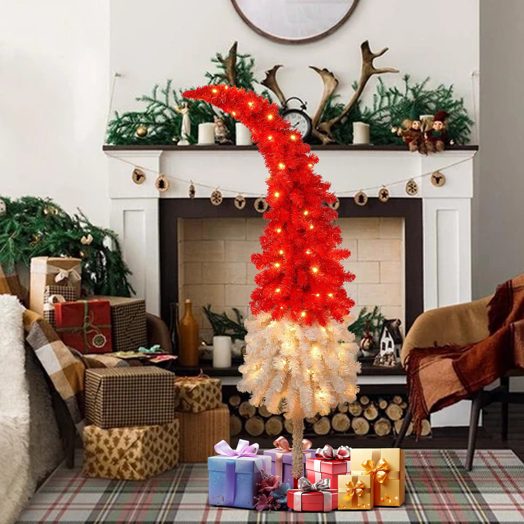 5FT Hinged Fir Artificial Christmas Tree, Bendable Santa Hat Style Xmas Decoration, 400 Branch Tips, 100 LED Lights main image 0