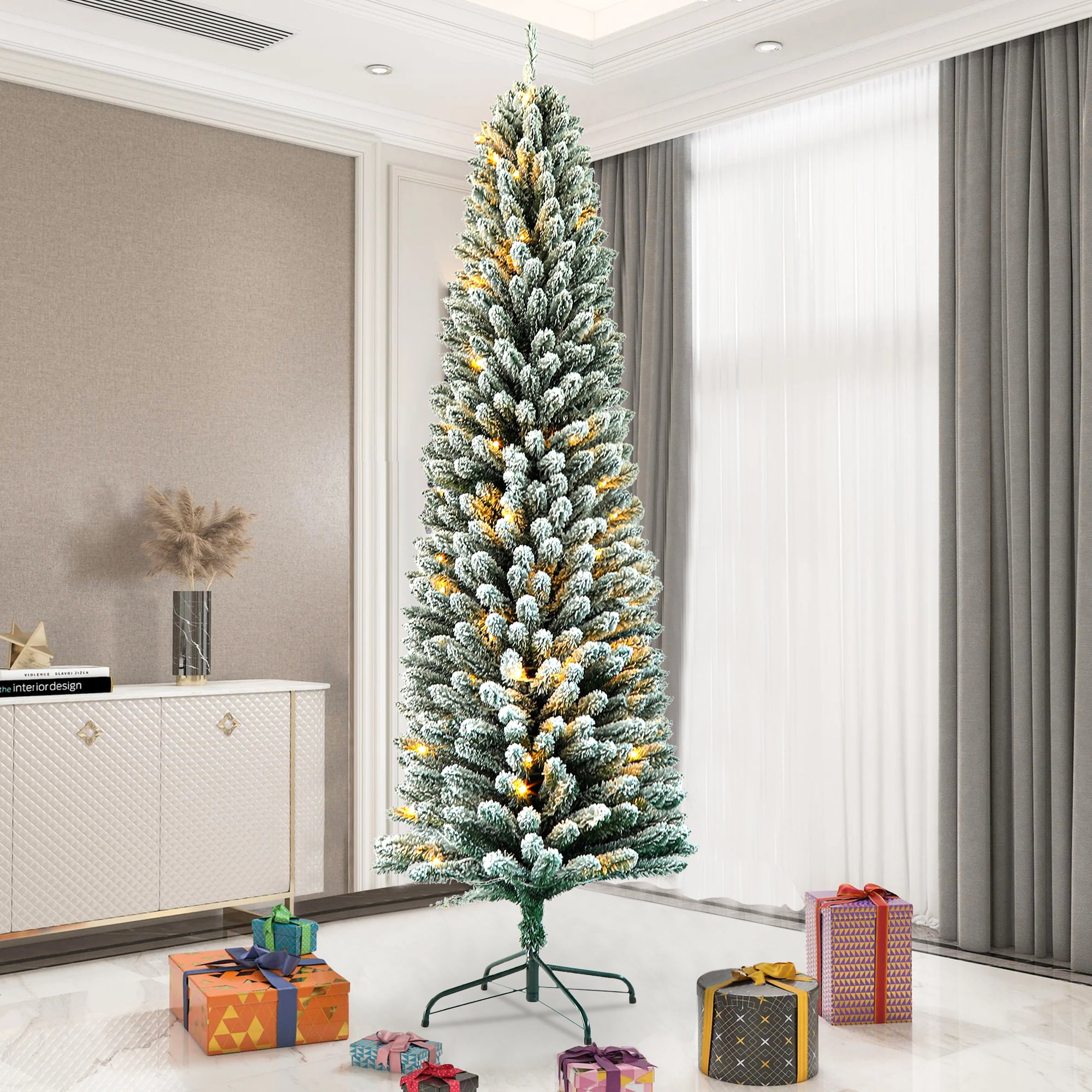 PAPROOS Prelit Snow Flocked Pencil Christmas Tree, 7FT Slim Christmas