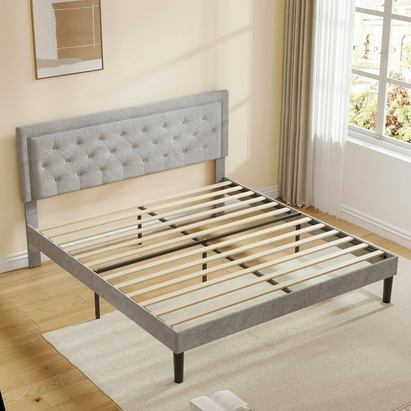 PAPROOS Queen Bed Frame with Headboard, Modern Upholstered Platform Bed Frame, No Box Spring Needed, Queen Size Platform Bed Frame with Wood Slat Support, Light Gray