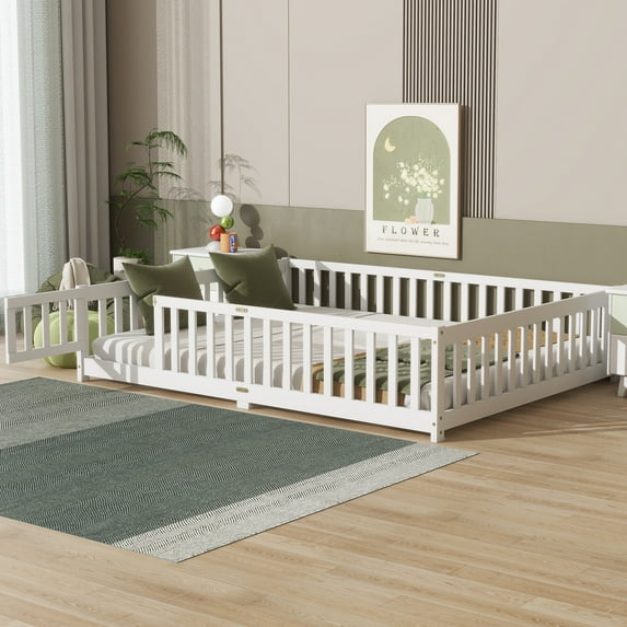 PAPROOS Queen Floor Bed Frame, Wood Floor Platform Bed with Fence and Door, No Box Spring Needed, Modern Queen Size Montessori Floor Bed for Little Girls Boys, Playhouse Bed Frame, White