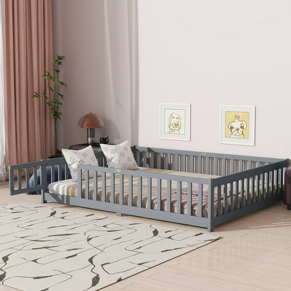 PAPROOS Queen Floor Bed Frame, Wood Floor Platform Bed with Fence and Door, No Box Spring Needed, Modern Queen Size Montessori Floor Bed for Little Girls Boys, Playhouse Bed Frame, Gray