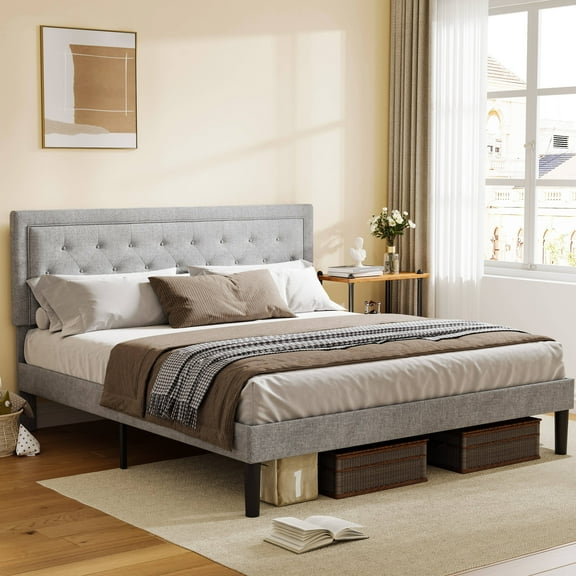 PAPROOS Queen Bed Frame, Modern Upholstered Linen Platform Bed Frame with Headboard, No Box Spring Needed, Queen Size Platform Bed Frame with Wood Slat Support, Light Gray