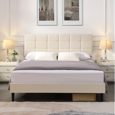 PAPROOS Queen Bed Frame, Upholstered Fabric Platform Bed with Headboard, Strong Wooden Slats Support, Queen Size Bed Frame for Teens Adults, Holds 800lbs, No Box Spring Needed, Beige