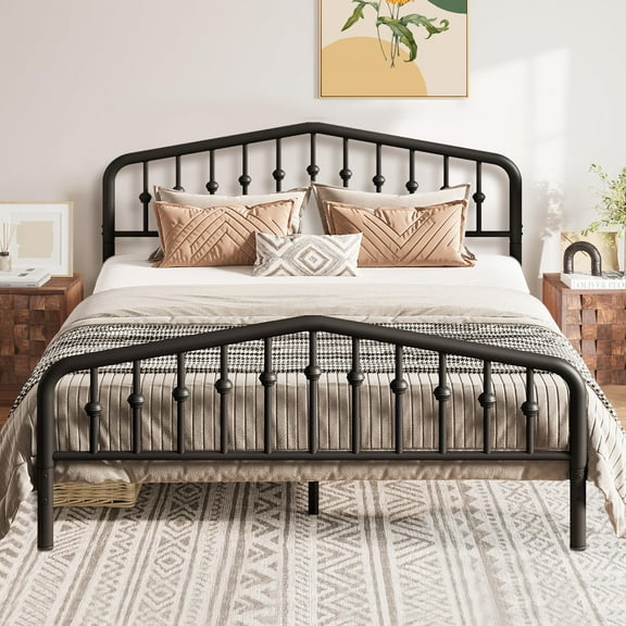 PAPROOS Queen Bed Frame with Victorian Vintage Headboard and Footboard, Metal Platform Bed with Under Bed Storage, No Box Spring Needed, Noise Free, Black