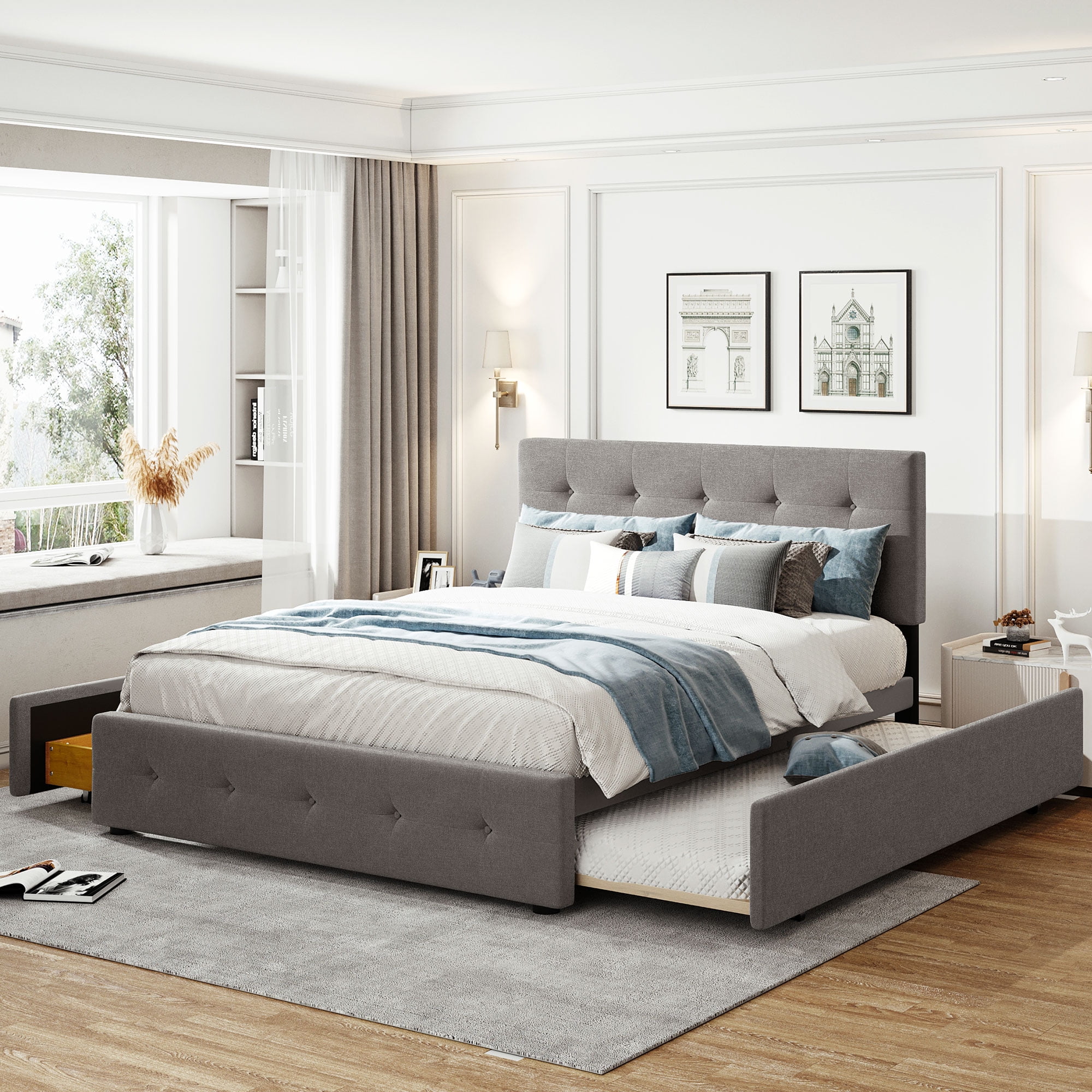 PAPROOS Queen Platform Bed Frame with Storage, Upholstered Platform Bed with Tufted Button Headboard, 2 Drawers & Twin Size Trundle, No Box Spring Needed, Queen Size Bed Frame, Dark Beige