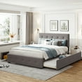 thumbnail image 1 of PAPROOS Queen Platform Bed Frame with Storage, Upholstered Platform Bed with Tufted Button Headboard, 2 Drawers & Twin Size Trundle, No Box Spring Needed, Queen Size Bed Frame, Dark Beige, 1 of 11