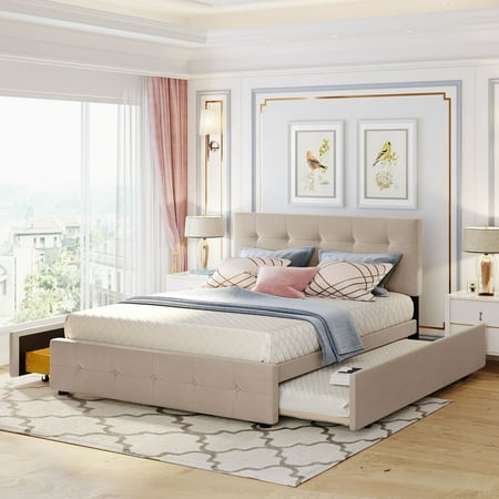 PAPROOS Queen Platform Bed Frame with Storage, Upholstered Platform Bed with Tufted Button Headboard and 4 Drawers, No Box Spring Needed, Queen Size Bed Frame for Adults, White