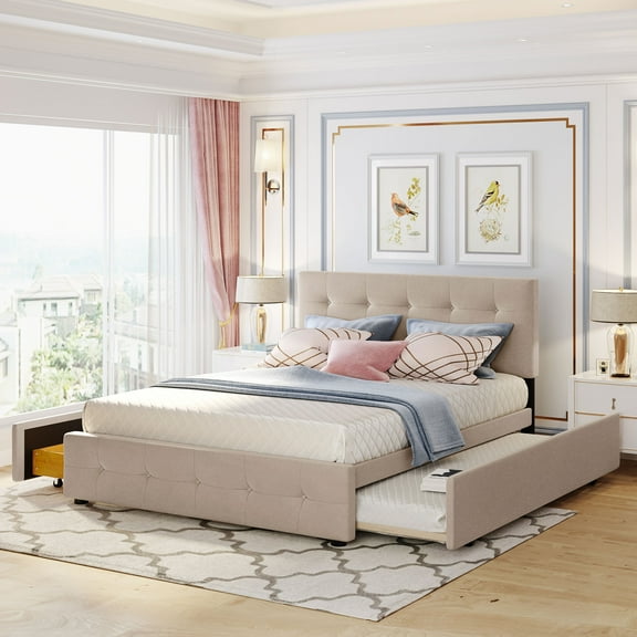 PAPROOS Queen Platform Bed Frame with Storage, Upholstered Platform Bed with Tufted Button Headboard and 4 Drawers, No Box Spring Needed, Queen Size Bed Frame for Adults, White