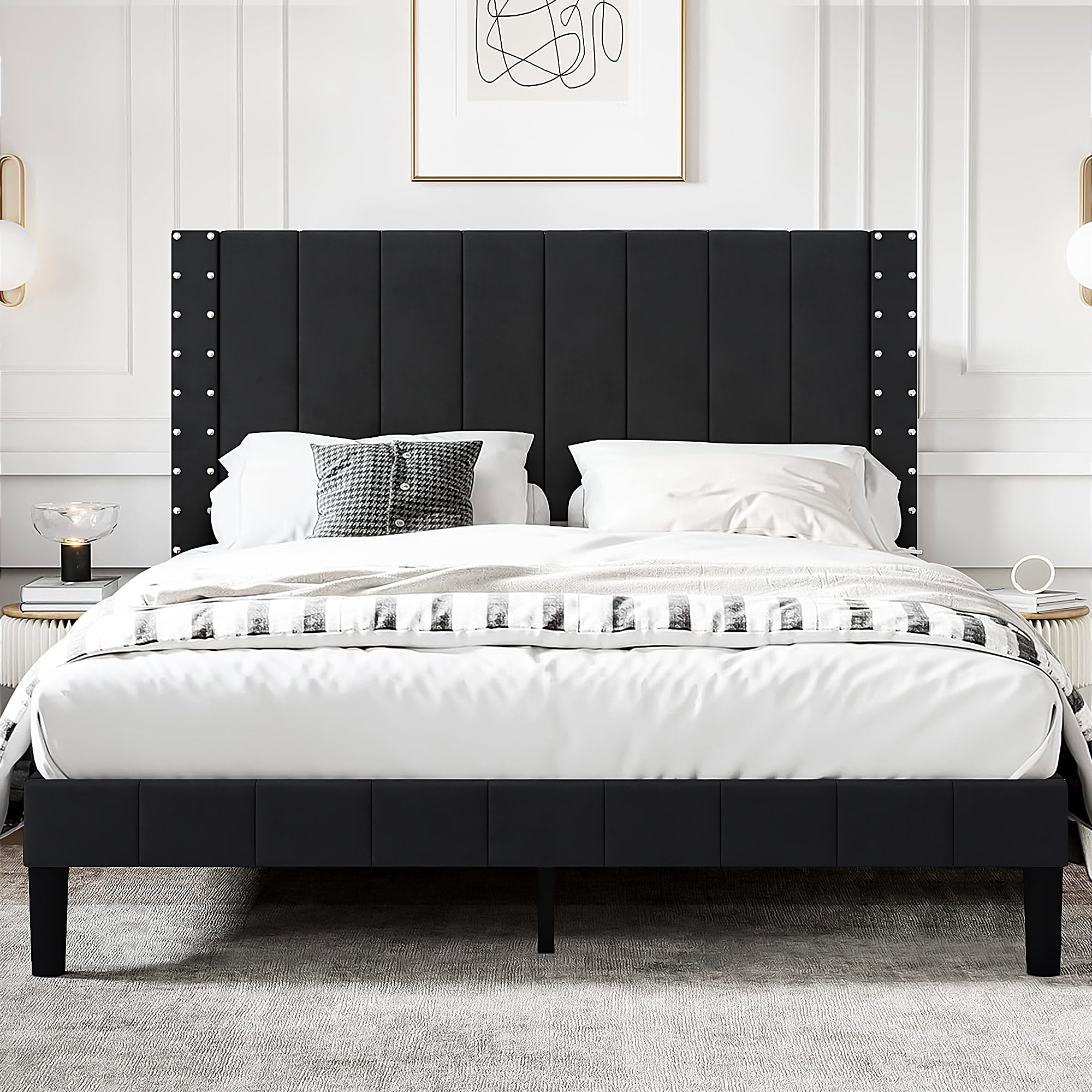 PAPROOS Queen Platform Bed Frame, Upholstered Bed Frame Queen Size with