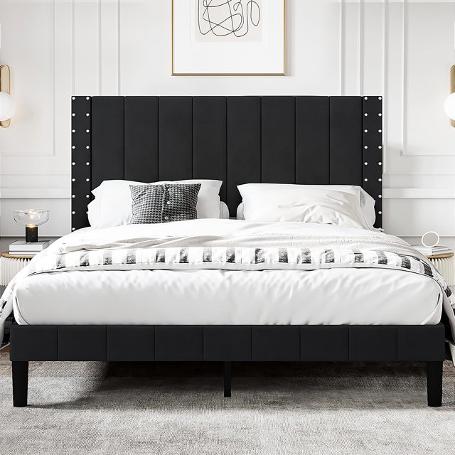 PAPROOS Queen Platform Bed Frame, Upholstered Bed Frame Queen Size with