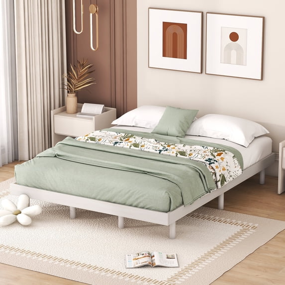 PAPROOS Queen Size Bed Frame, New Upgraded Wood Platform Bed with Strong Wooden Slats and Solid Wood Legs, Modern Floating Platform Bed Frame for Teens Adults, No Box Spring Needed, White Washed Color
