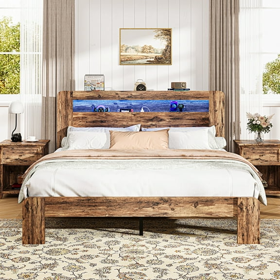 PAPROOS Queen Size Bed Frame, Wood Platform Bed with Charging Station and LED Light, Queen Bed Frame with Headboard and Strong Wooden Slats for Teens Adults, No Box Spring Needed, Rustic Brown
