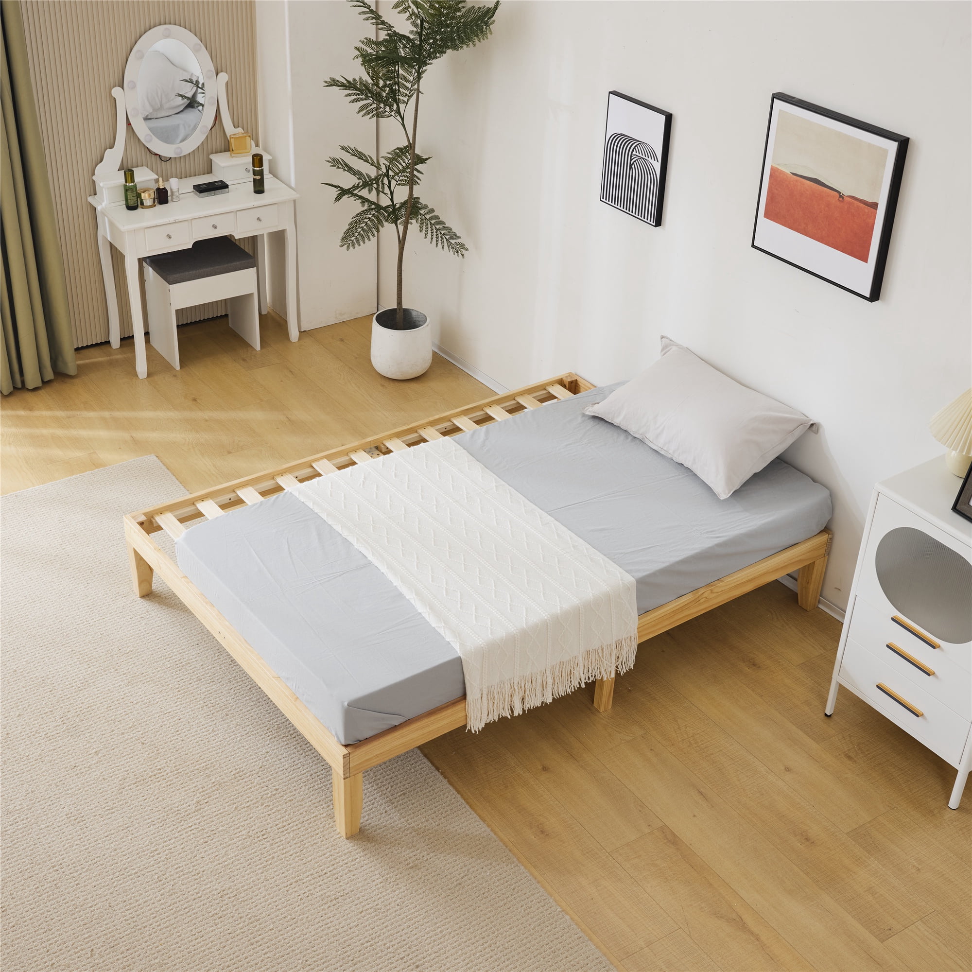 PAPROOS Queen Size Bed Frame, Wooden Platform Bed with Strong Wood ...