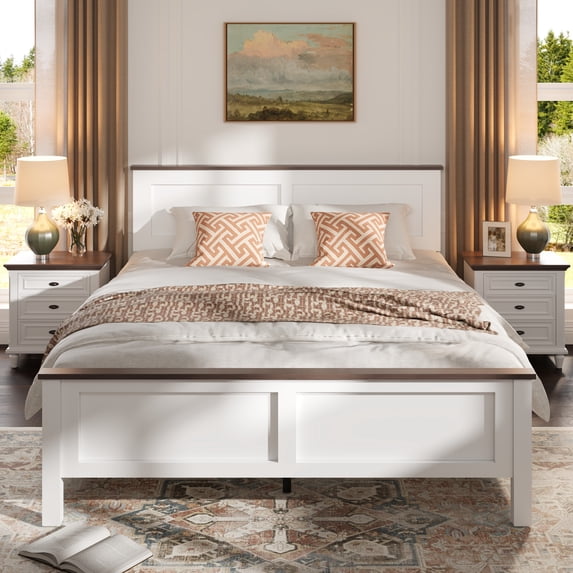 UHOMEPRO Queen Size Bed Frame, Wood Platform Bed with Headboard and Footboard, Queen Bed Frame with Wooden Slats, Holds 600lbs, Easy Assembly, No Box Spring Needed, Brown and White