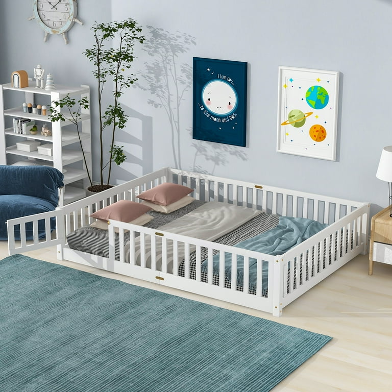 PAPROOS Queen Size Floor Platform Bed with Fence and Door Solid Wood Playhouse Bed for Kids Toddlers Boys Girls No Box Spring Needed Queen