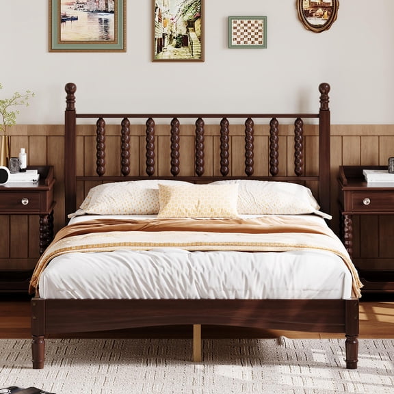 PAPROOS Full Bed Frame with Spindle Headboard, Platform Bed Frame with Wooden Slat Support, Vintage Wood Bed Frame, No Box Spring Needed, 500LBS, Walnut Finish