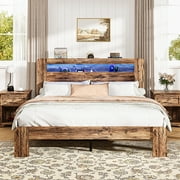 Queen Size Bed Frame with Storage Headboard and Charging Station, UHOMEPRO Wooden Platform Bed Frame with LED Light, Easy Assembly & No Box Spring Needed, Brown