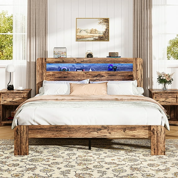 Queen Bed Frame with LED Storage Headboard and Charging Station, UHOMEPRO Wood Queen Bed Frame with Strong Support and RGB Lights, Modern Farmhouse Bedroom Furniture, No Box Spring Needed, Brown