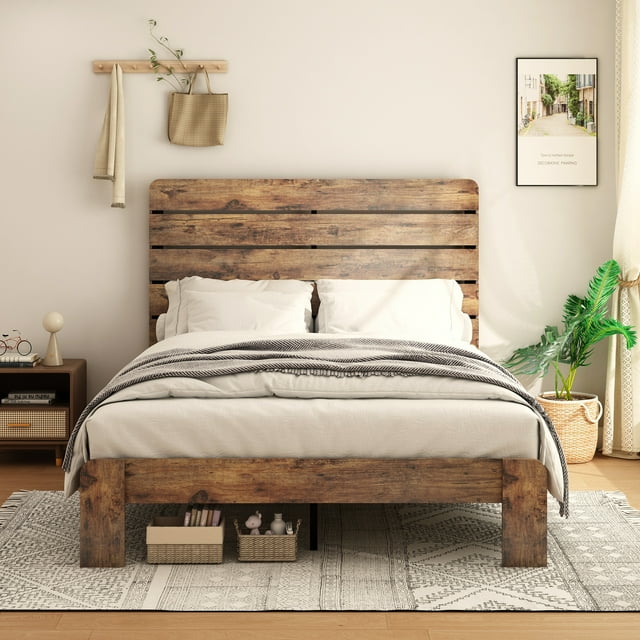 PAPROOS Queen Size Rustic Wood Bed Frame with Headboard, No Box Spring ...