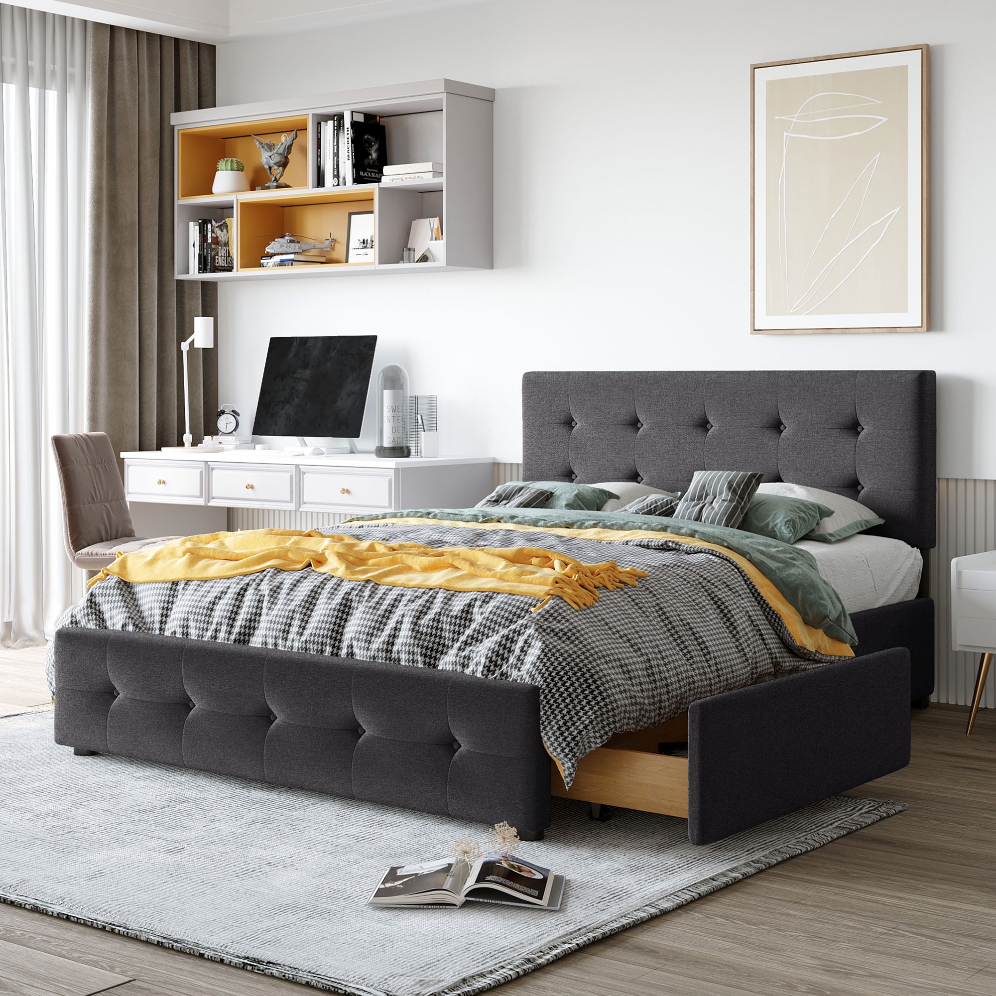 PAPROOS Queen Storage Bed Frame with 4 Drawers, Upholstered Platform Bed with Tufted Button Headboard, No Box Spring Needed, Heavy Duty Queen Size Bed Frame for Adults, Holds 500lbs, Light Gray