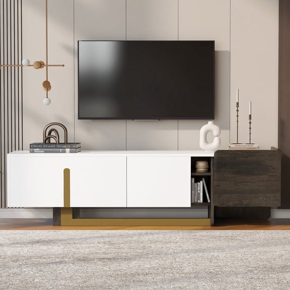 PAPROOS TV Stand for 70 inch tv, TV Cabinet with Drawer & Door, Living Room Media Console Table with Open Shelves, Entertainment Center Television Stand for Living Room, Bedroom, White & Brown