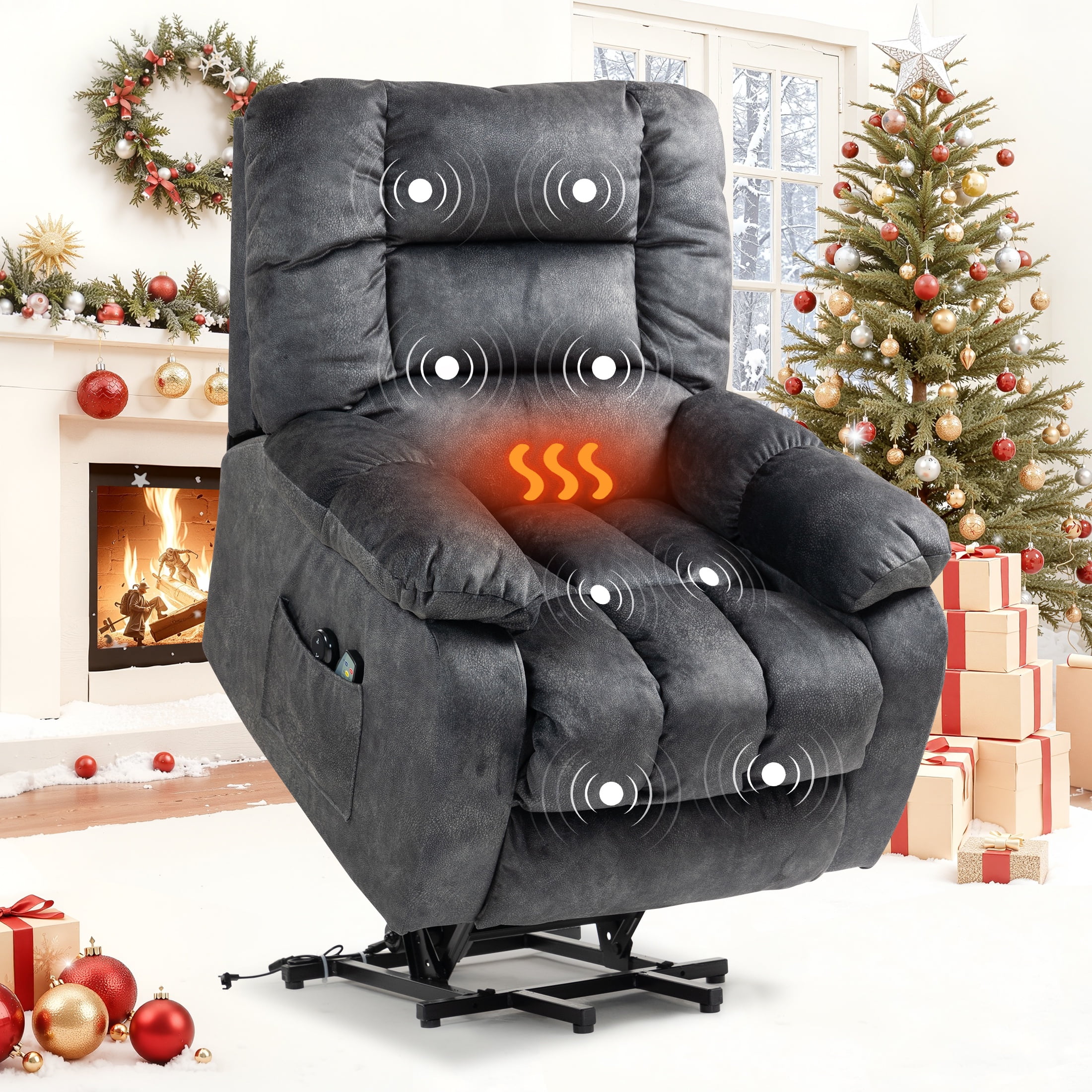 PAPROOS Recliner Chair, Electric Power Lift Recliner with Heat Therapy and Massage Function, Large Size Lift Chair with Remote and Side Pocket, Oversized Power Reclining Sofa, Gray Blue