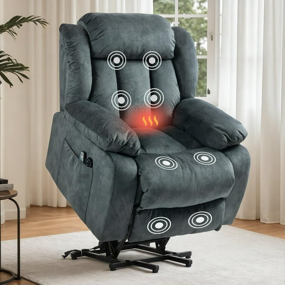 PAPROOS Recliner Chair, Electric Power Lift Recliner with Heat Therapy and Massage Function, Large Size Lift Chair with Remote and Side Pocket, Oversized Power Reclining Sofa, Gray Blue