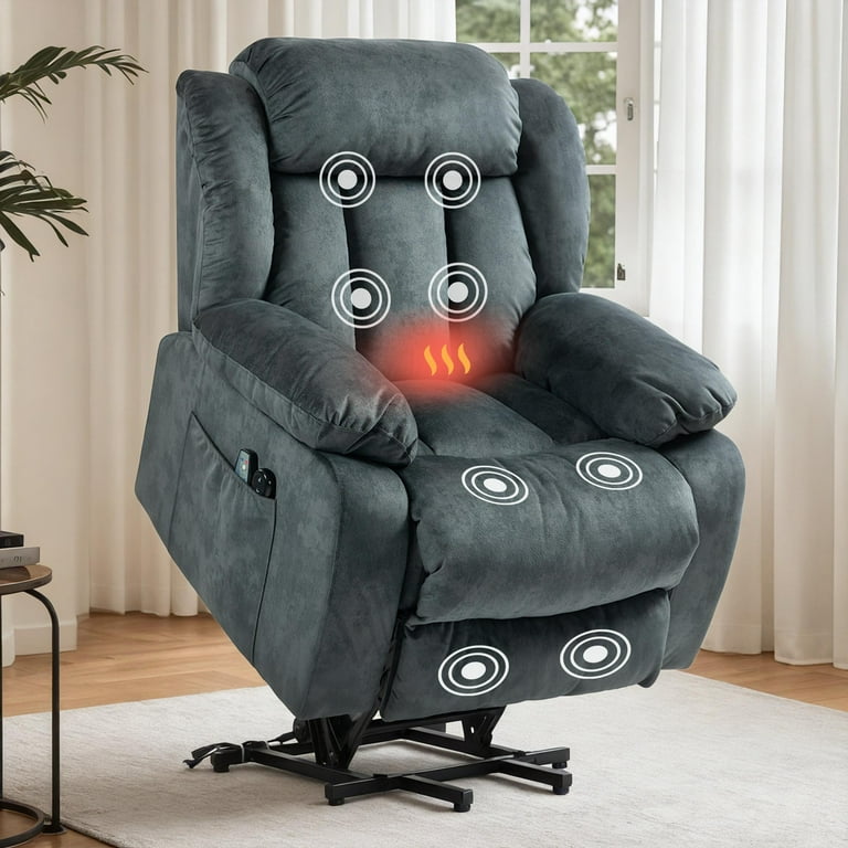 Paproos Electric Power Lift Recliner Chair for Seniors with Heat Therapy, Massage, Remote, Side Pockets, Cup Holders, Velvet Fabric, Gray Blue, Large