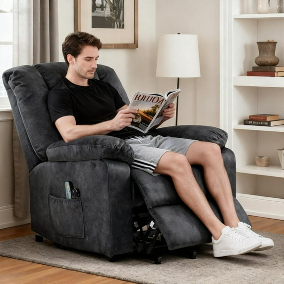 PAPROOS Recliner Chair, Electric Power Lift Recliner with Heat Therapy and Massage Function, Large Size Lift Chair with Remote and Side Pocket, Oversized Power Reclining Sofa, Gray Blue