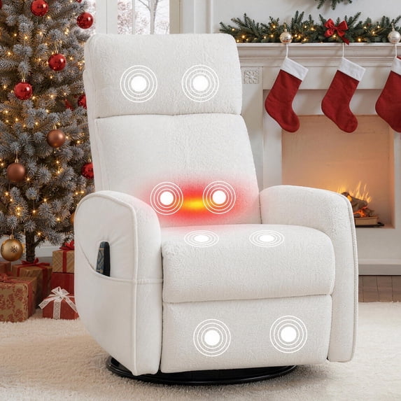 PAPROOS Swivel Rocker Recliner, Velvet 360°Swivel Rocking Chair with Massage and Heat, Glider Rocking Recliner for Nursery, Small Rocker Chair Manual Recliner for Home Theater Living Room, White