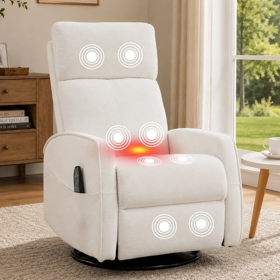 PAPROOS Swivel Rocker Recliner, Velvet 360°Swivel Rocking Chair with Massage and Heat, Glider Rocking Recliner for Nursery, Small Rocker Chair Manual Recliner for Home Theater Living Room, White