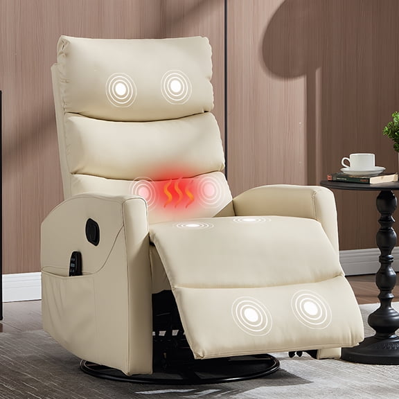 PAPROOS Rocker Recliner with Heat Therapy and Massage, PU Leather 360°Swivel Rocker Recliner, Rocking Chair for Nursery, Small Rocking Recliner, Manual Recliner for Home Theater Living Room, Beige