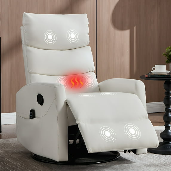 PAPROOS Rocker Recliner with Heat Therapy and Massage, PU Leather 360°Swivel Rocker Recliner, Rocking Chair for Nursery, Small Rocking Recliner, Manual Recliner for Home Theater Living Room, White