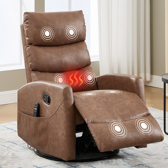 PAPROOS Rocker Recliner with Heat Therapy and Massage, PU Leather 360°Swivel Rocker Recliner, Rocking Chair for Nursery, Small Rocking Recliner, Manual Recliner for Home Theater, Yellow Brown