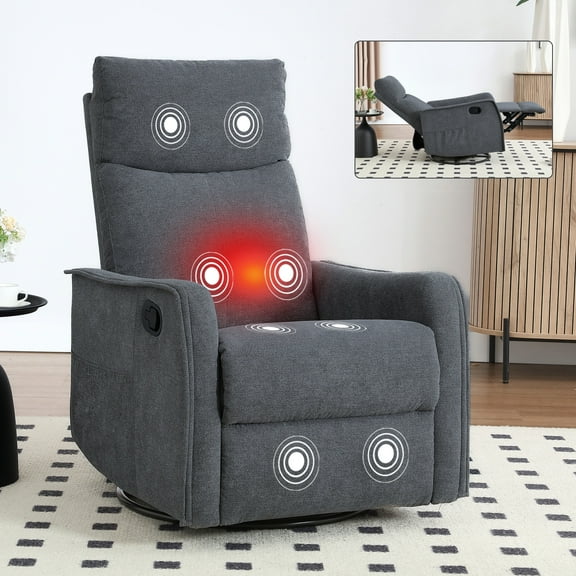 PAPROOS Rocker Recliner with Heat and Massage, 360°Swivel Rocker Recliner Chair, Small Rocking Recliner for Small Spaces, Home Theater Recliner with 2 Side Pockets, Nursery Glider Chair, Dark Gray