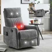 PAPROOS Rocker Recliner with Massage and Heat, Fabric 360 Swivel Rocker Recliner, Glider Rocking Chair for Nursery, Small Manual Recliner with Side Pocket for Home Theater Living Room,, Gray