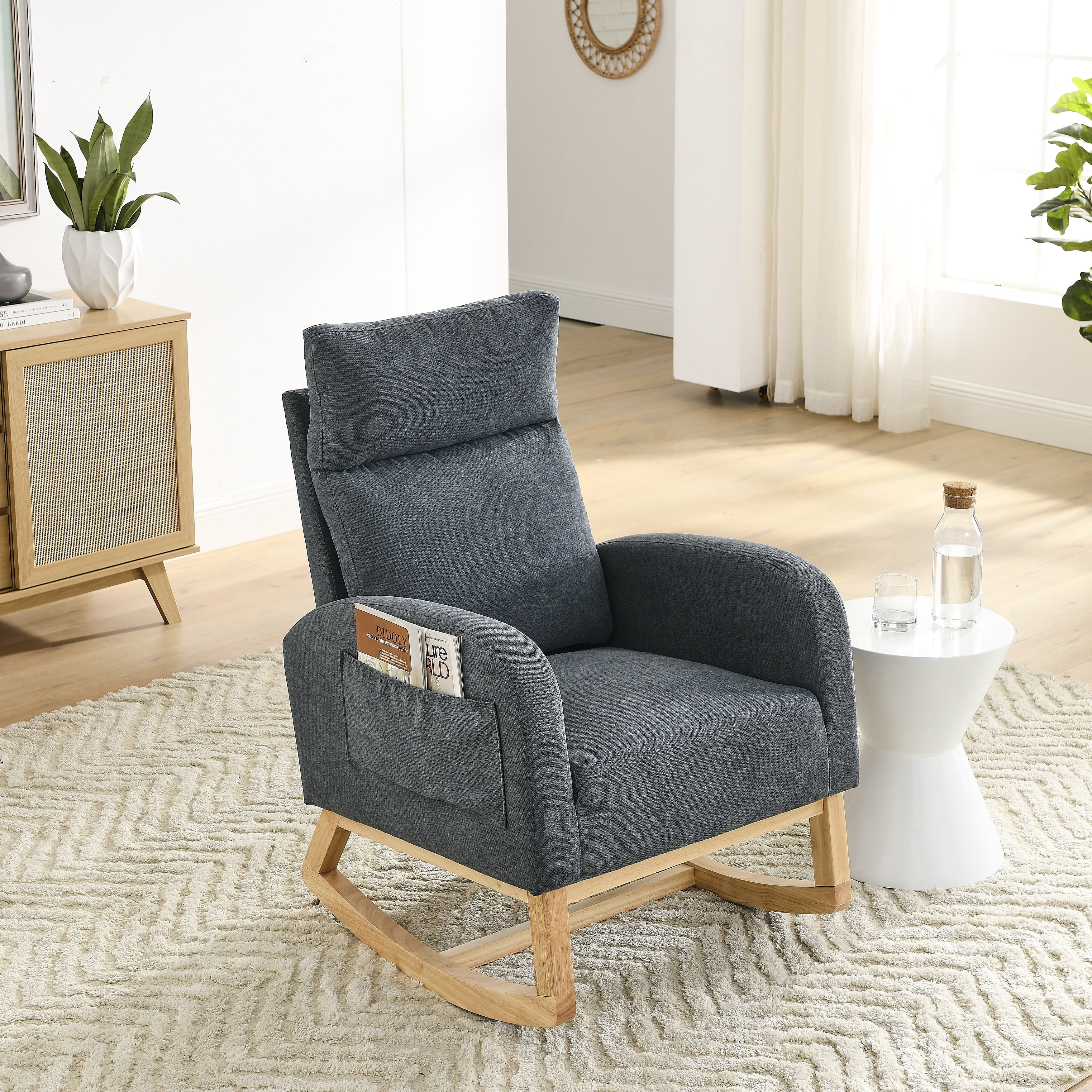 PAPROOS Rocking Chair, Fabric Accent Chair with 2 Side Pockets and Pine ...