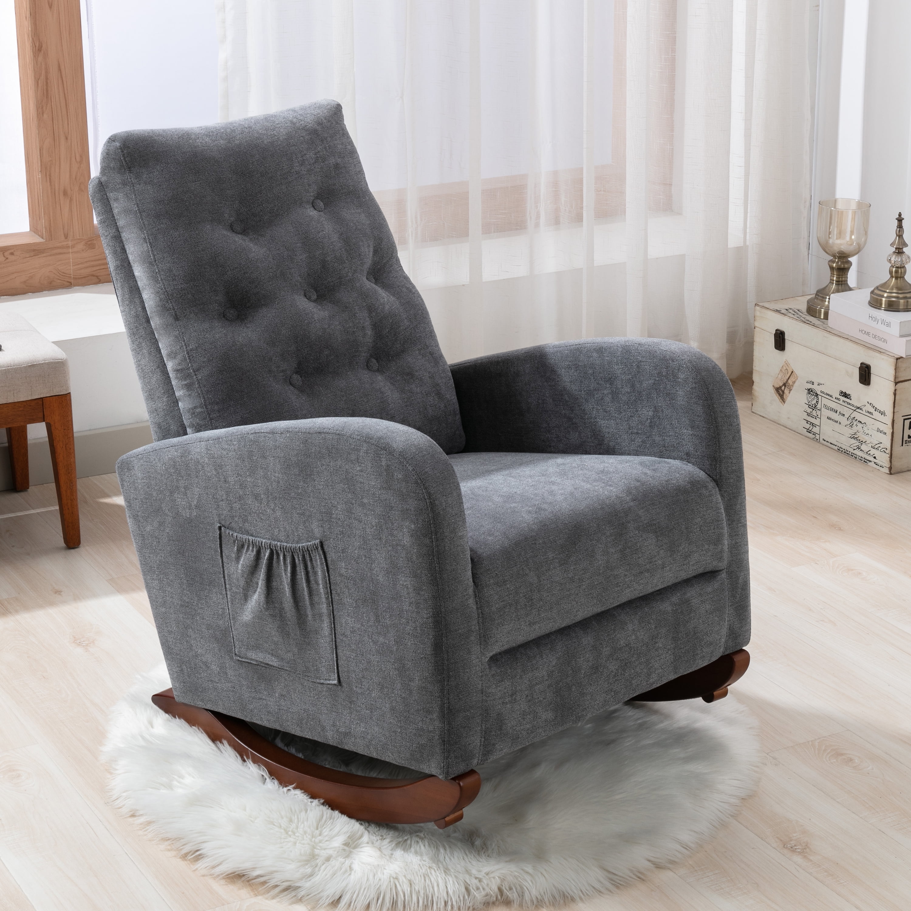 PAPROOS Rocking Chair, Fabric Accent Chair with 2 Side Pockets and Pine Wood Legs, High Backrest Arm Chair Modern Rocker Lounge Chair for Living Room, Beige