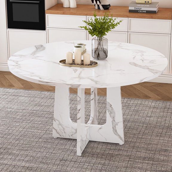 Round Dining Table for 4-6, 47'' Faux Marble Kitchen Table, Paproos Dining Room Table with 1.2''Thick Wooden Tabletop & Sturdy Pedestal Base, Circle Dinner Table for Kitchen, White(Only Table)