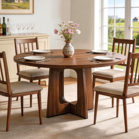 Round Dining Table for 4-6, PAPROOS 47'' Large Wood Kitchen Table, Dining Room Table with Wide Tabletop & Cross Base, Circle Dining Table Dinner Table for Kitchen Dining Room, Brown(Only Table)
