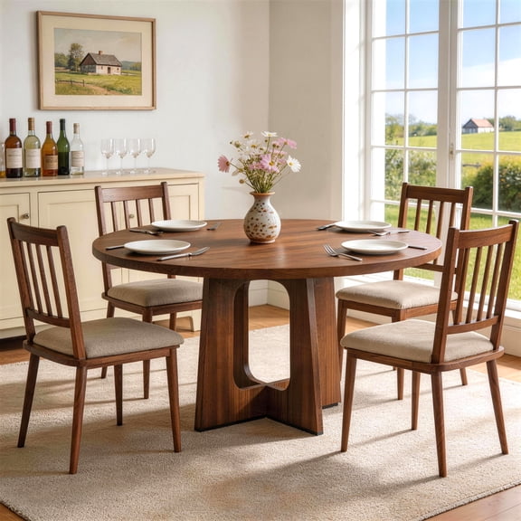 Round Dining Table for 4-6, PAPROOS 47'' Large Wood Kitchen Table, Dining Room Table with Wide Tabletop & Cross Base, Circle Dining Table Dinner Table for Kitchen Dining Room, Brown(Only Table)