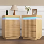 PAPROOS Nightstand Set of 2 with Charging Station and LED Lights, 3 Drawer Nightstand with Sliding Top Hidden Storage, Modern Fluted Bedside Tables with USB-C Port & Outlets for Bedroom, Natural