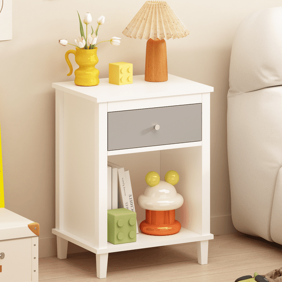 PAPROOS Nightstand with Drawer and Open Shelf, Small Bedside Table, Modern Night Stand End Table for Bedroom, Kids Room, Girls Room, Dorm, White+Gray