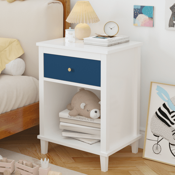 PAPROOS Nightstand with Drawer and Open Shelf, Small Bedside Table, Modern Night Stand End Table for Bedroom, Kids Room, Girls Room, Dorm, White+Navy