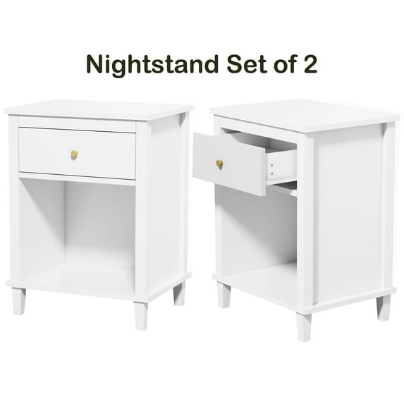PAPROOS Set of 2 Nightstand, End Table Side Table with Wooden Drawer, Bedside Table for Bedroom, Closet, Dorm, White - 2PC