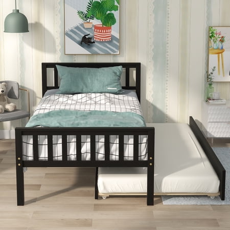 PAPROOS Solid Wood Platform Bed with Headboard and Footboard, Twin Size Trundle Beds for Kids Teens Adults, Twin Bed with Trundle Included, No Box Spring Needed, Espresso