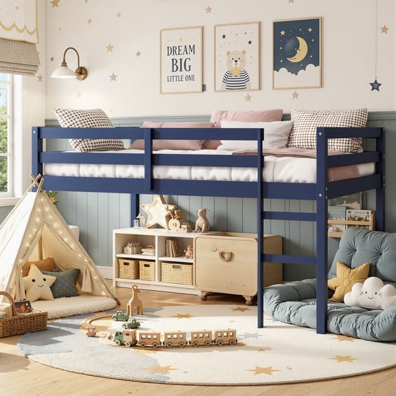 Twin Loft Bed with Ladder and Guardrails for Boys Girls, SESSLIFE Low Height Solid Wood Bed Frame, Space Saving Loft Bed with Under Bed Reading Nook, Play Area, Storage Space, Blue