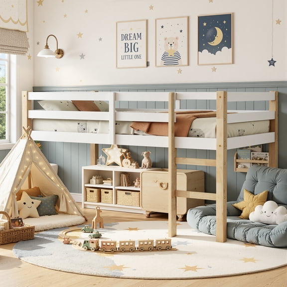 Low Height Twin Loft Bed with Ladder, PAPROOS Solid Wood Loft Bed with Guardrails, Space Saving Twin Bed Frame with Underbed Play, Reading and Storage Space, White+Natural