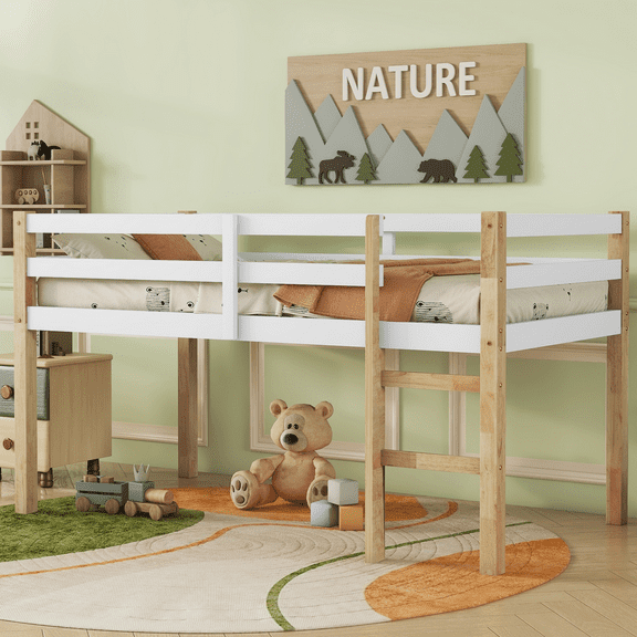 PAPROOS Solid Wood Twin-Size Low Loft Bed with Ladder, White+Natural
