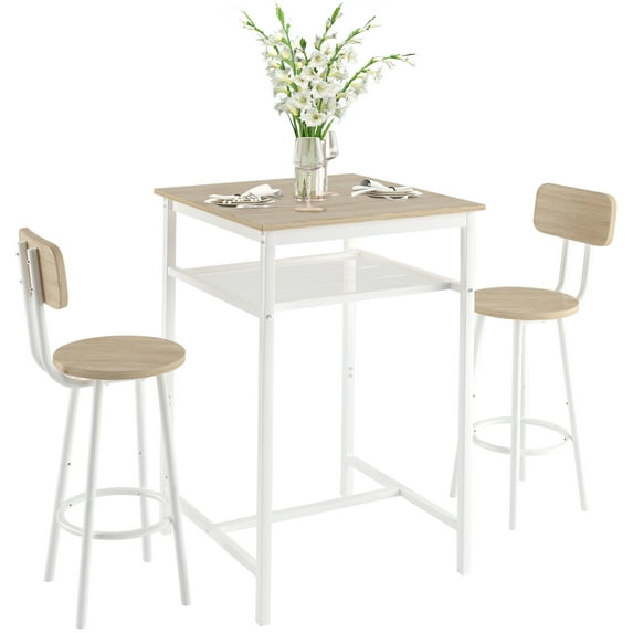 PAPROOS Square Bar Table Set for 2, 3 Pcs Pub Bistro Table and Stools with Backrest Set, Industrial Counter Height Dining Table and Chairs Set for Kitchen Breakfast Nook Balcony, Beige